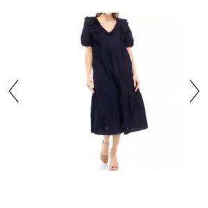 Crown & Ivy Navy Blue Eyelet Puff Sleeve Cotton Babydoll Midi Dress Size 3X